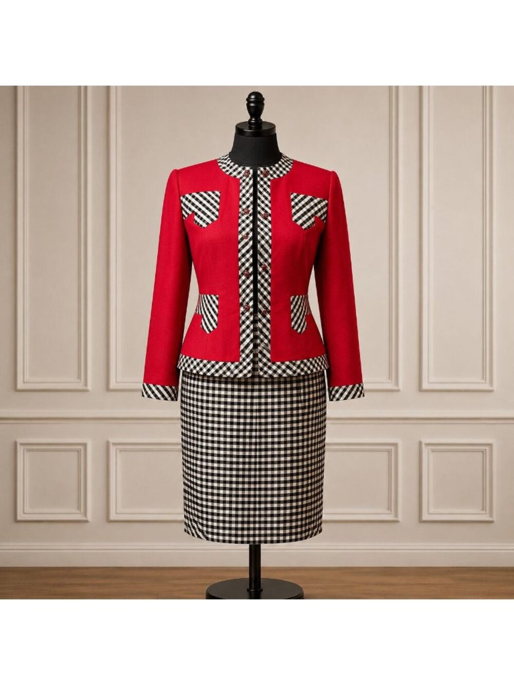 Portrait Vintage Silk Red Gingham Skirt Suit Women's S 2 Piece